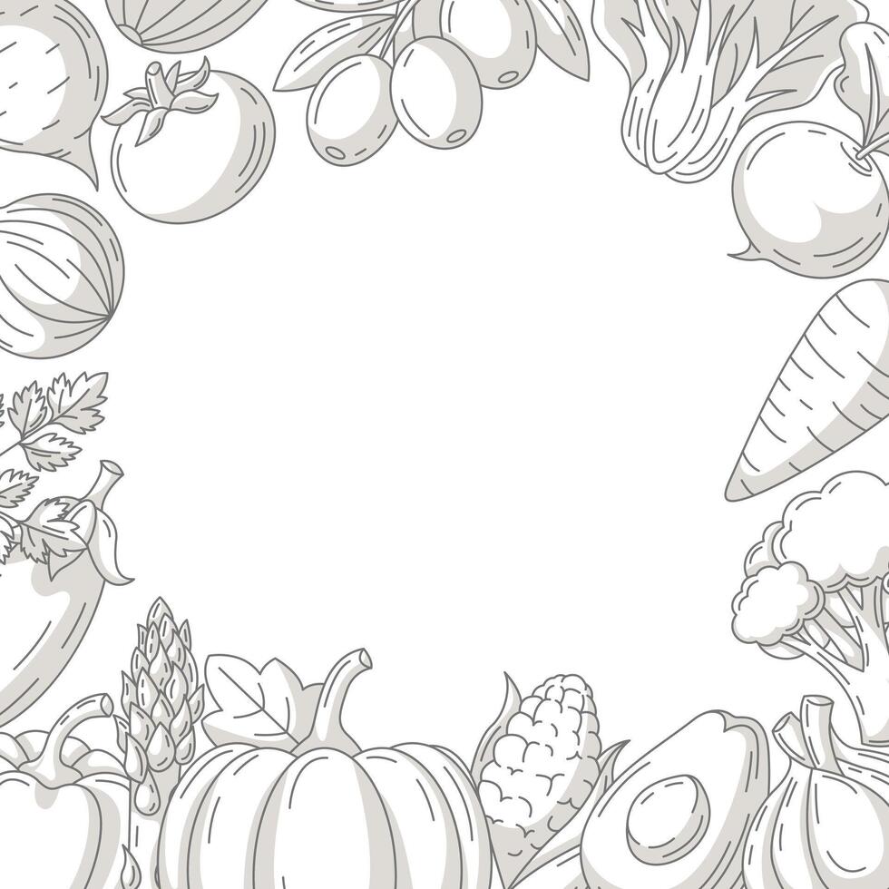 Fresh and healthy farm vegetables, monochrome square poster, veggies icons border frame. Space for text, isolated background. For card, poster, menu, cover, social media. Organic vegan food vector