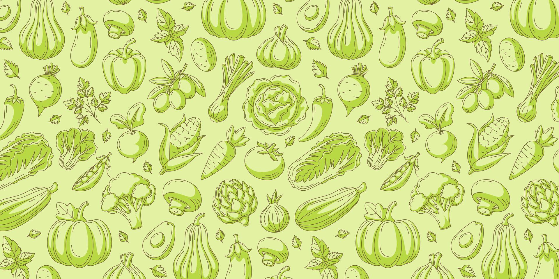 Vegetables, greens seamless pattern, isolated background. Veggies icons set. Minimalist horizontal banner. Organic food, natural produce, eco product. For cover, wrapping paper, textile print vector