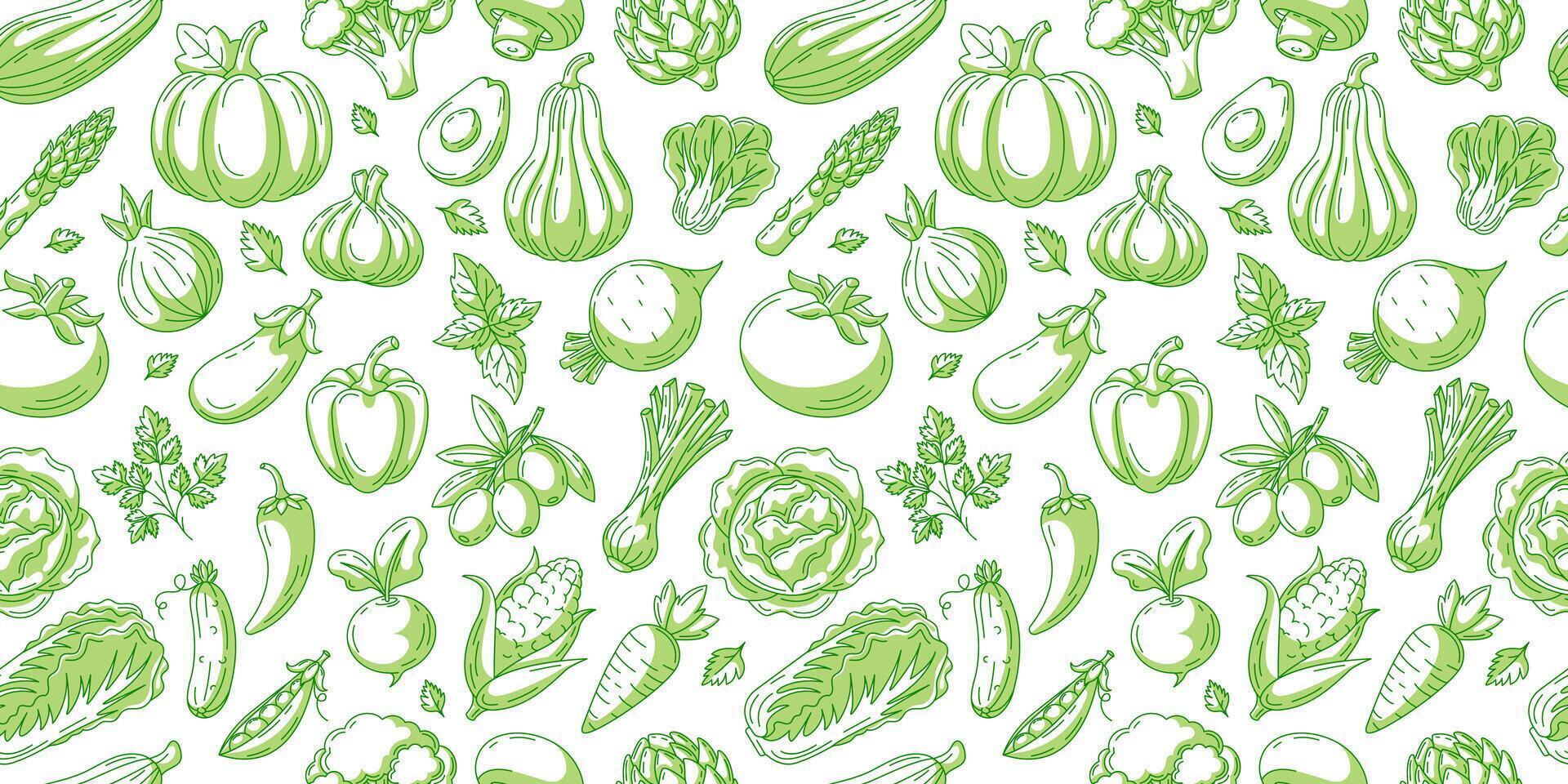 Vegetables and greens seamless pattern, isolated white background. Veggies icons set. Minimalist horizontal banner. Organic food, natural eco product. For cover, wrapping paper, textile print vector
