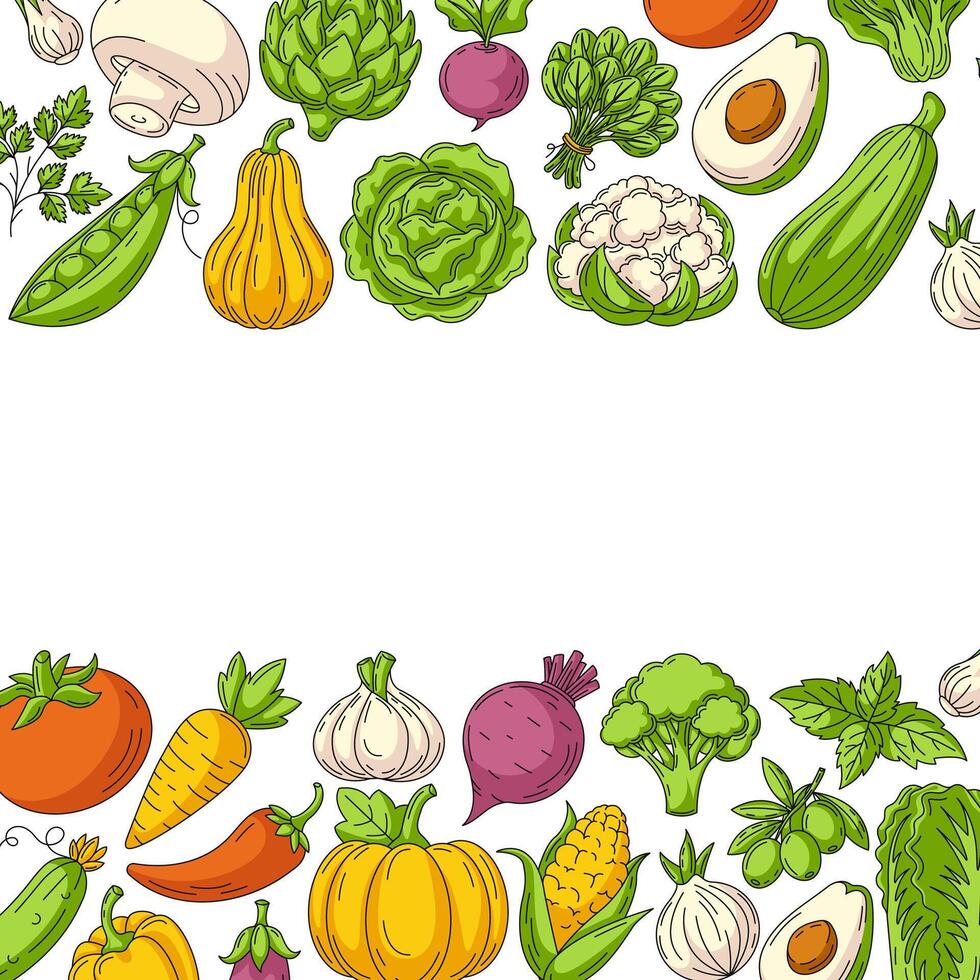 Fresh and healthy farm vegetables, square card, veggies colorful icons border frame. Space for text, isolated background. Organic product, vegan food. For poster, menu, cover, social media vector
