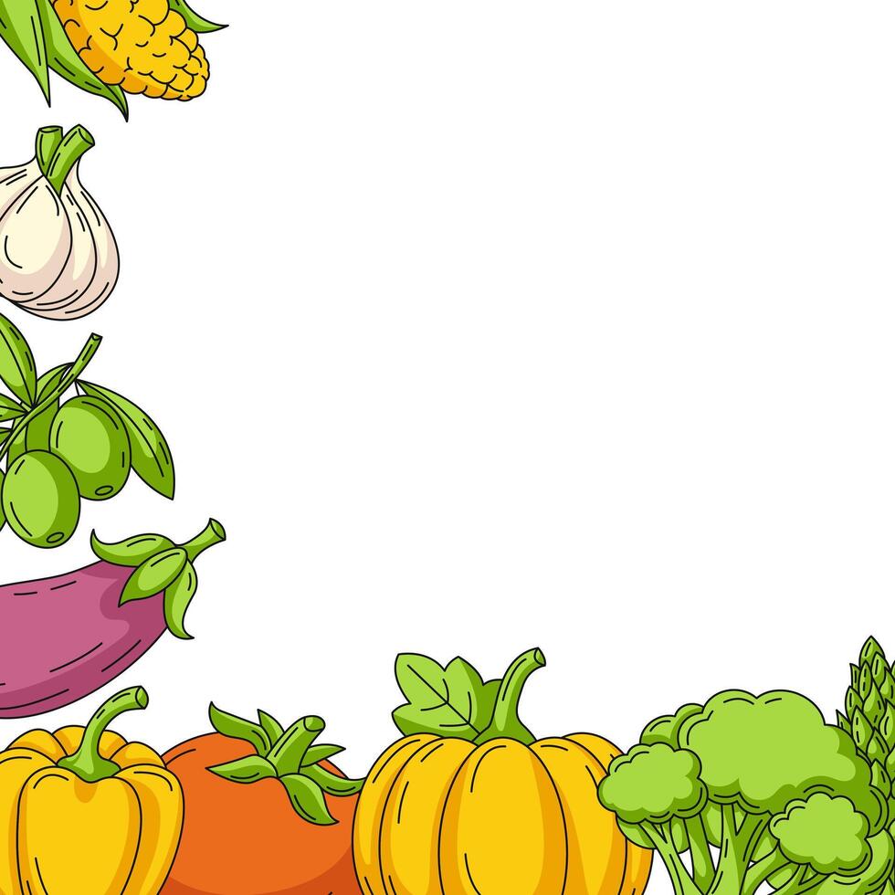 Fresh and healthy farm vegetables, square card, veggies colorful icons corner frame. Space for text, isolated background. Organic vegan food. For banner, poster, menu, cover, social media vector