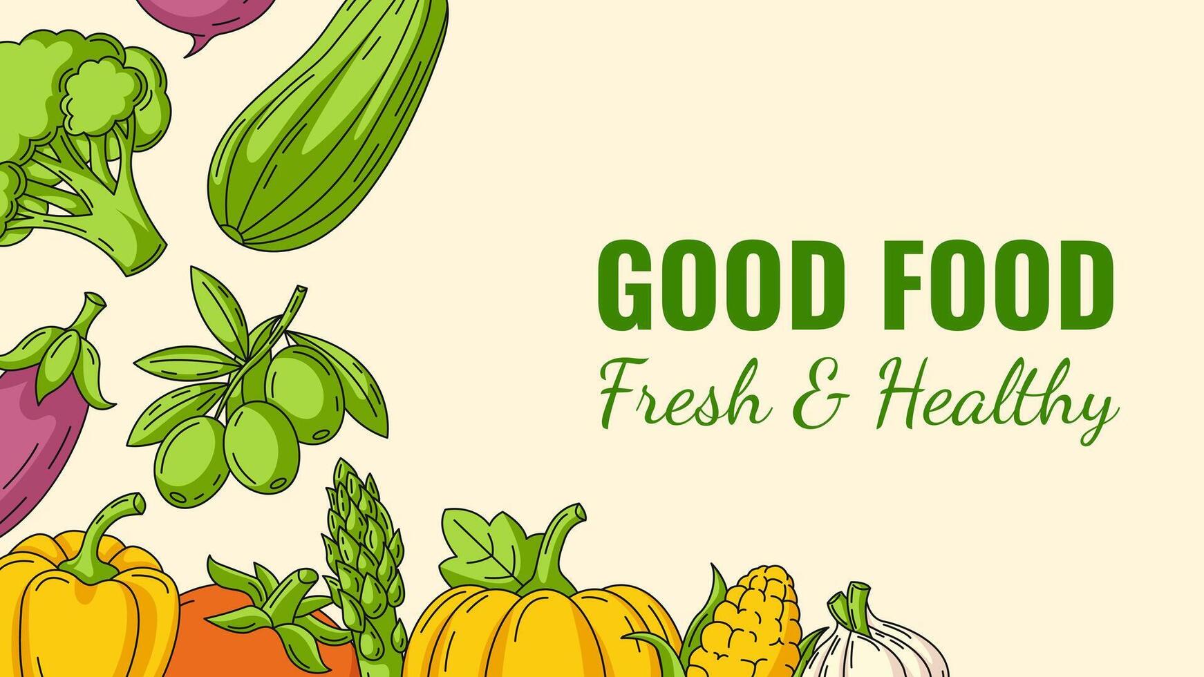 Good food, fresh and healthy farm products, horizontal banner with corner frame of vegetables icons. Space for text, isolated background. Organic, natural veggies. For poster, menu, flyer vector
