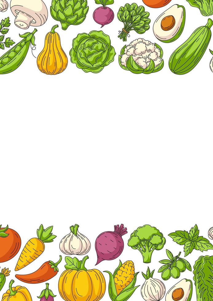 Fresh and healthy farm vegetables, minimalist vertical poster a4, veggies colorful icons border frame. Space for text, isolated background. For card, banner, menu, cover, social media vector