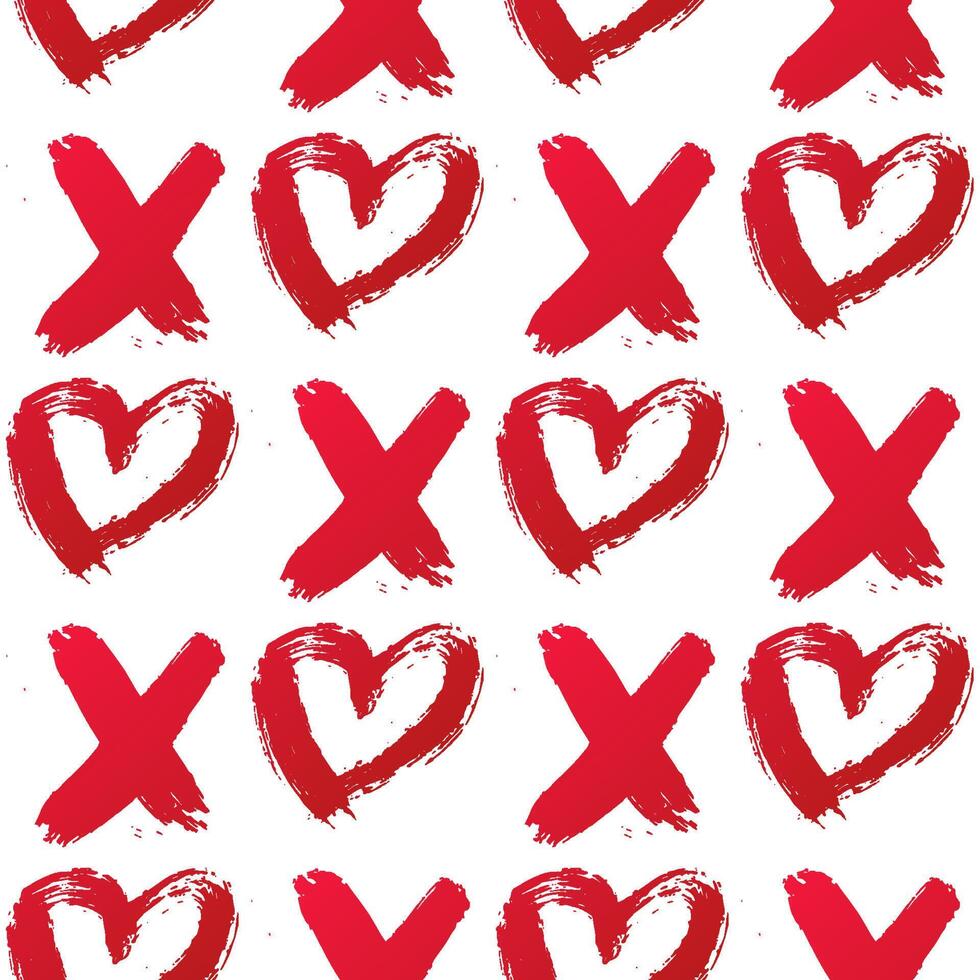 XO with heart drawn with red lipstick. Seamless pattern XOXO on white background. Hugs and kisses abbreviation symbol. Easy to edit template for Valentines day. vector