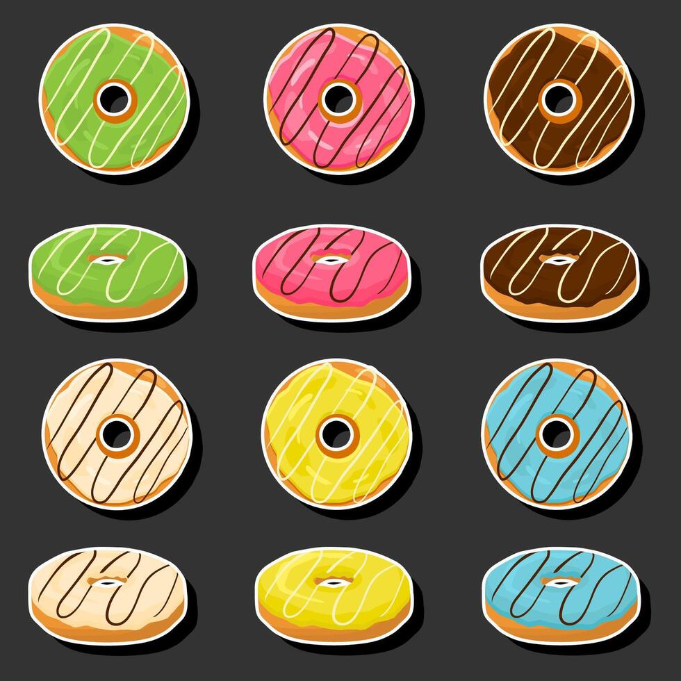 Illustration on theme big set different types sticky donuts, sweet doughnuts various size vector