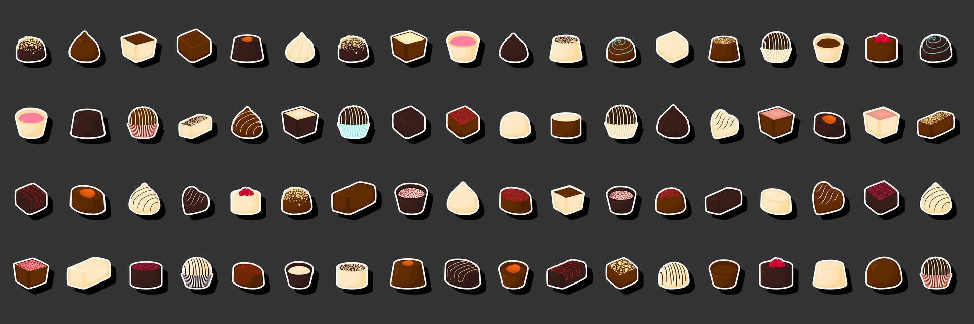 Illustration on theme beautiful big set sweet chocolate candy bonbon vector