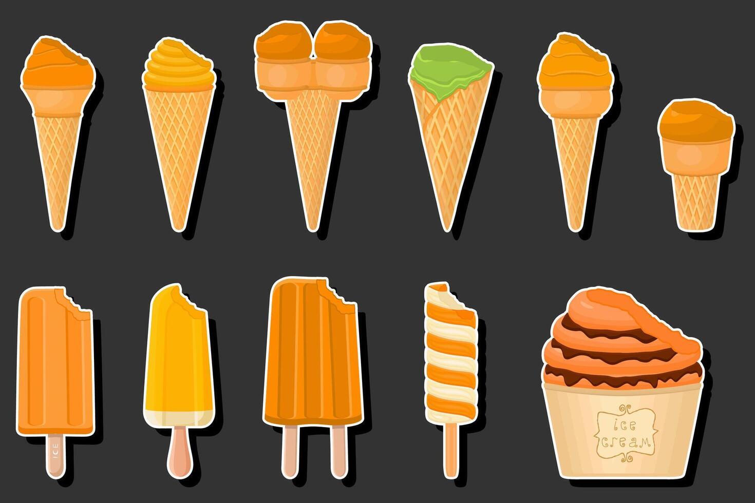 Illustration on theme big kit ice cream popsicle different types in cone waffle cup vector