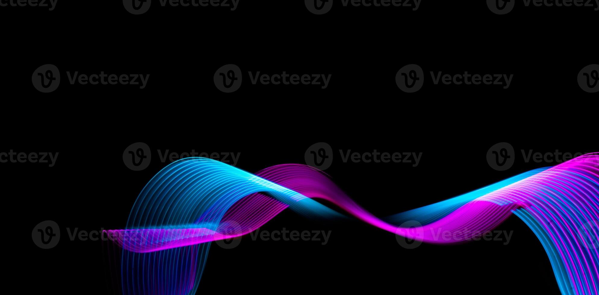 Abstract neon metallic pink and blue waves curvy lines on black background. Technology data. photo
