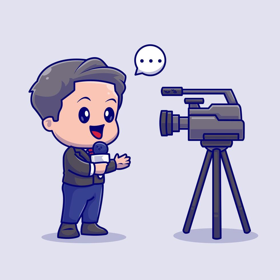 Cute Reporter Broadcasting News On Camera Cartoon vector