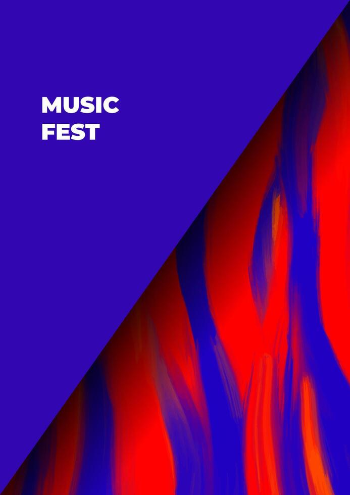 Music fest poster template with brush strokes, geometric shapes. Red and blue zebra pattern. Animal stripes. Hand drawn pattern painted with oil paint. Minimalist style placard, banner, blank, flyer vector