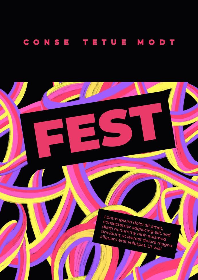 Modern template for fest poster with pattern with rainbow ribbon. Three dimensional volumetric curved rainbow. Chalk drawing texture. Contemporary layout. Pop art style placard, banner with typography vector