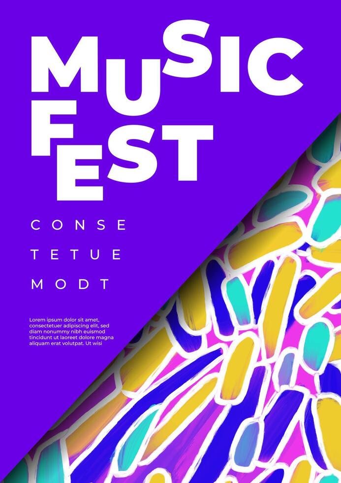 Modern music fest poster template with brush strokes, paint stains, geometric shapes, typography. Hand drawn abstract pattern. Freehand design elements. Minimalist style placard, banner, blank, flyer vector