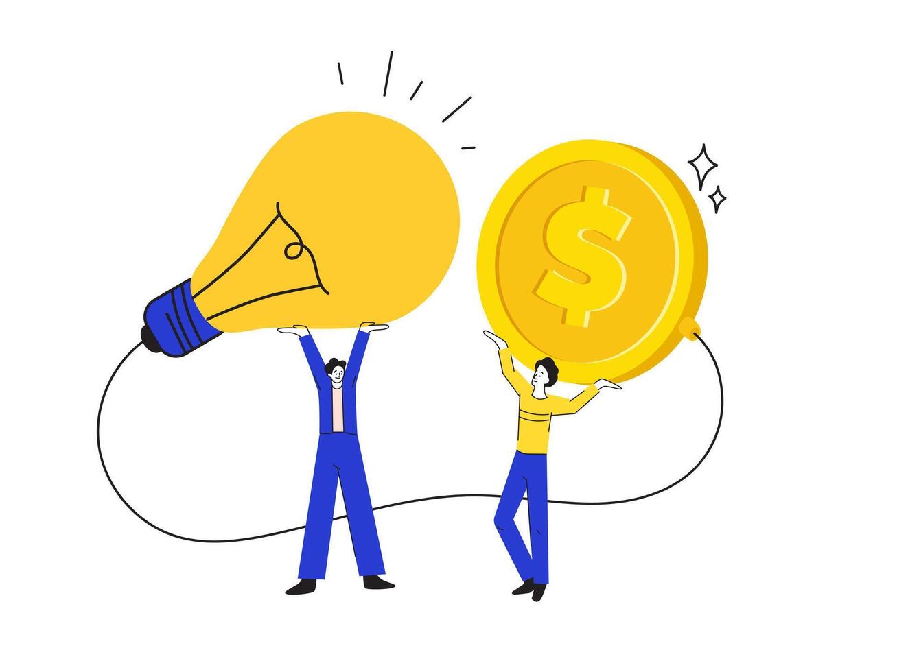 Investments for a start-up. Business financing concept. People hold light bulb and dollar coin. Businessman finds solution for business problems. Metaphor of innovation. Strong currency vector