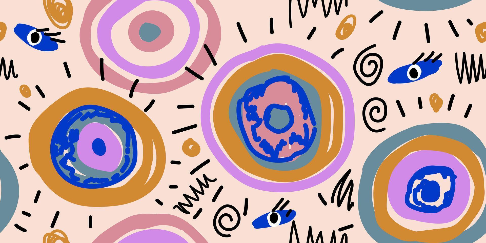 Seamless modern pattern with hand drawn scribble circles and abstract elements on beige background. Freehand illustration vector