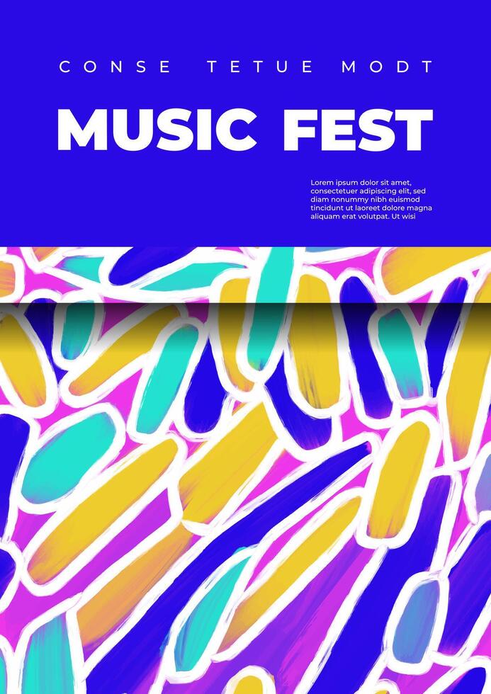 Modern music fest poster template with brush strokes, paint stains, geometric shapes, typography. Hand drawn abstract pattern. Freehand design elements. Minimalist style placard, banner, blank, flyer vector