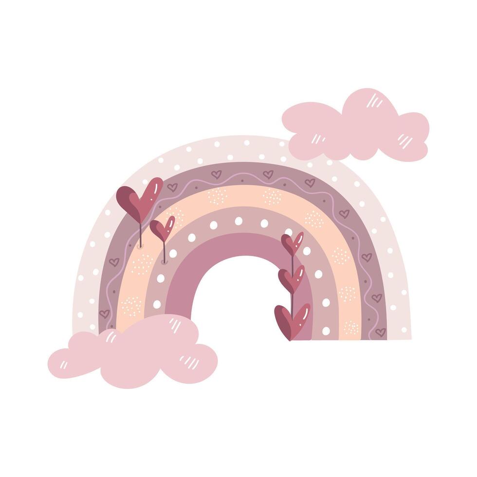 Hand drawn trendy rainbow decorated with hearts and clouds. Scandinavian rainbow. Cute decoration in pastel colors. illustration vector
