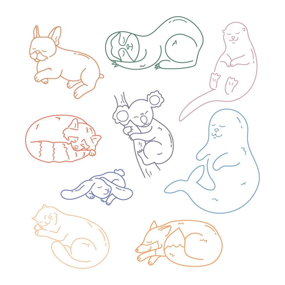 Set of cute hand drawn different sleeping animals outlines. Doodle sleepy cat, otter, seal, koala, French bulldog, rabbit, fox, red panda and sloth animal. illustration vector