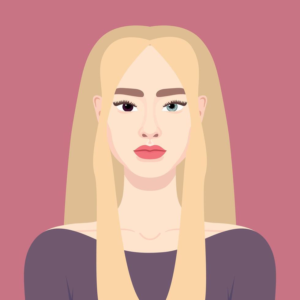 Young blonde woman with a heterochromia. Woman with different colored eyes. Eyes of different colors. Brown and blue eye. illustration vector