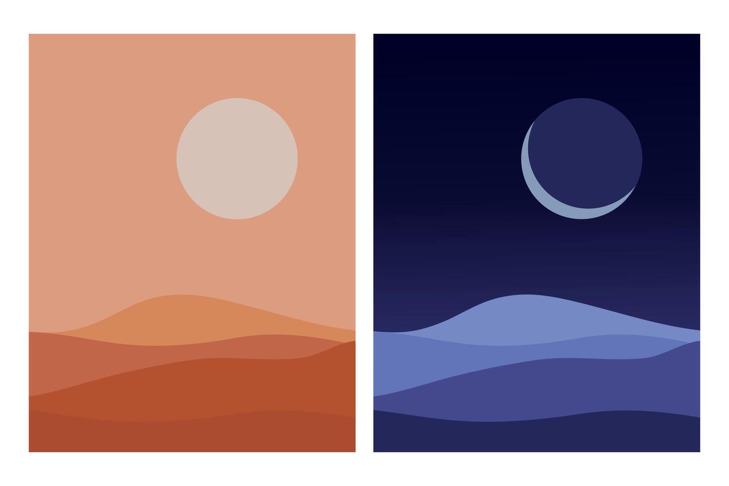 Night and day in desert. Minimalistic art of moon and sun above the sand dunes. illustration vector