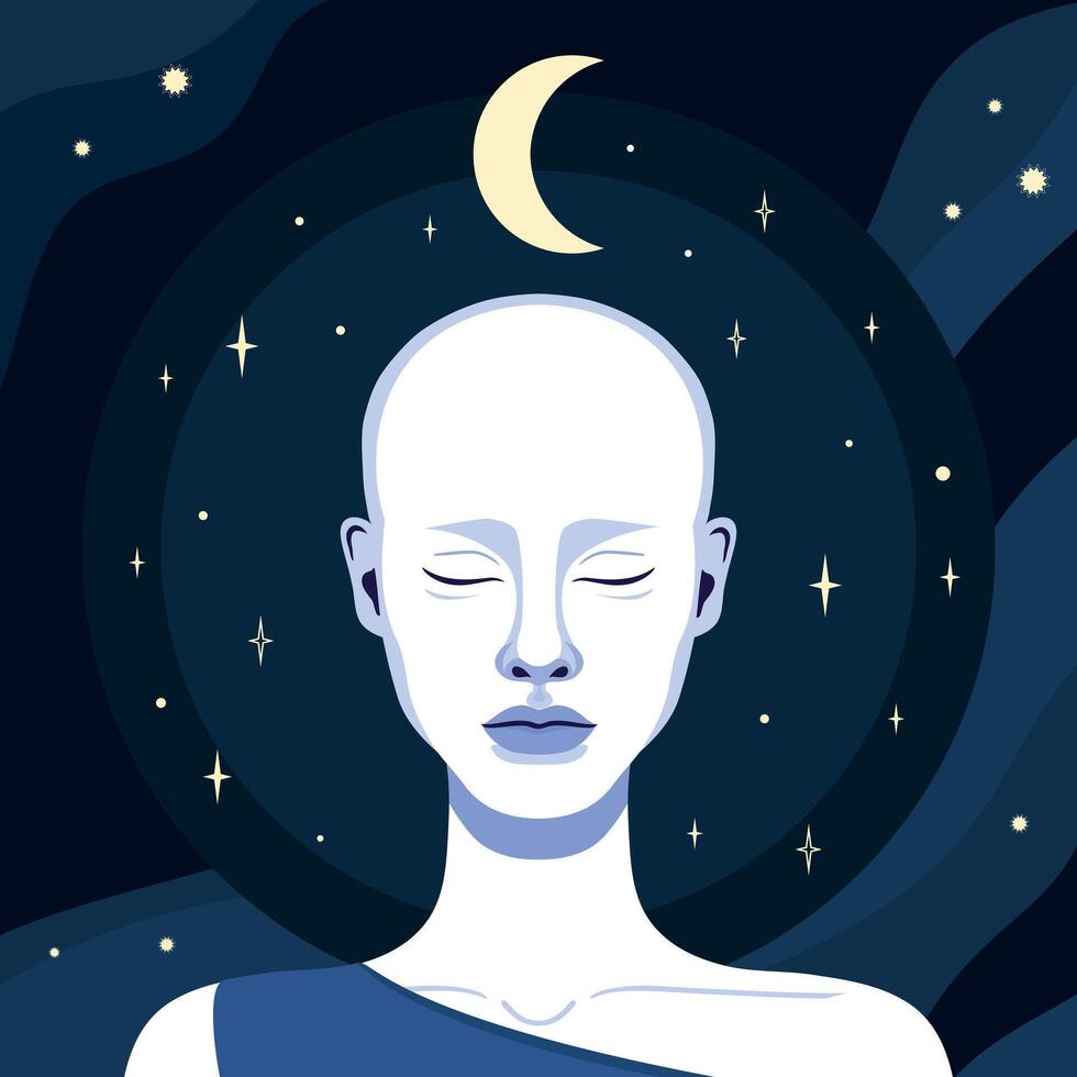 Beautiful bald woman with closed eyes on night sky background with stars and crescent. illustration vector
