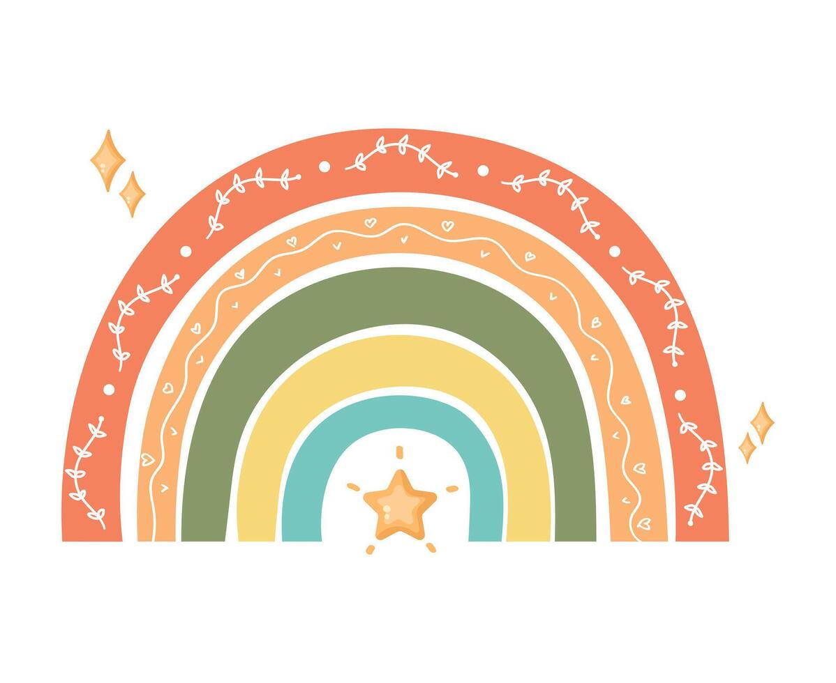 Hand drawn trendy rainbow decorated with stars. Scandinavian rainbow. Cute decoration. illustration vector