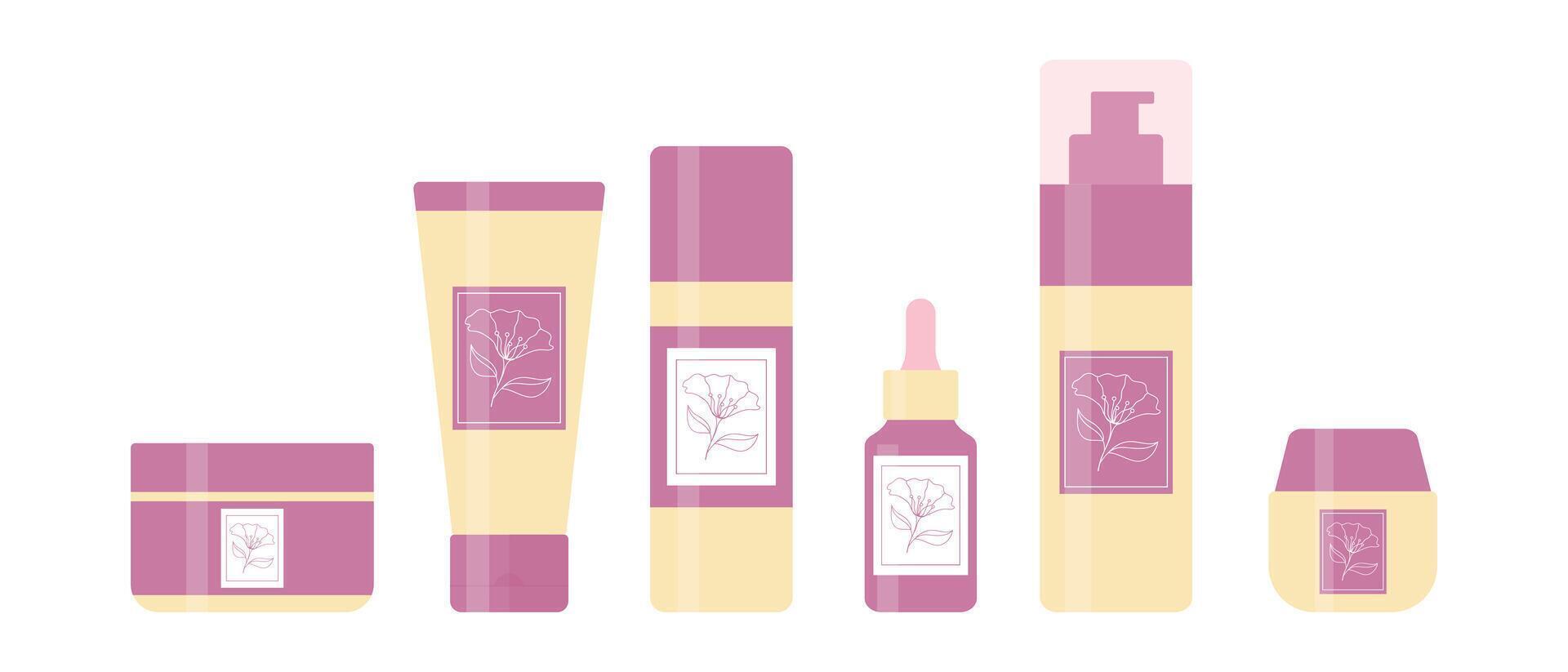 Set of cosmetic bottles and tubes for beauty and skin care decorated with flower outline emblem. Cosmetic products package design. illustration vector