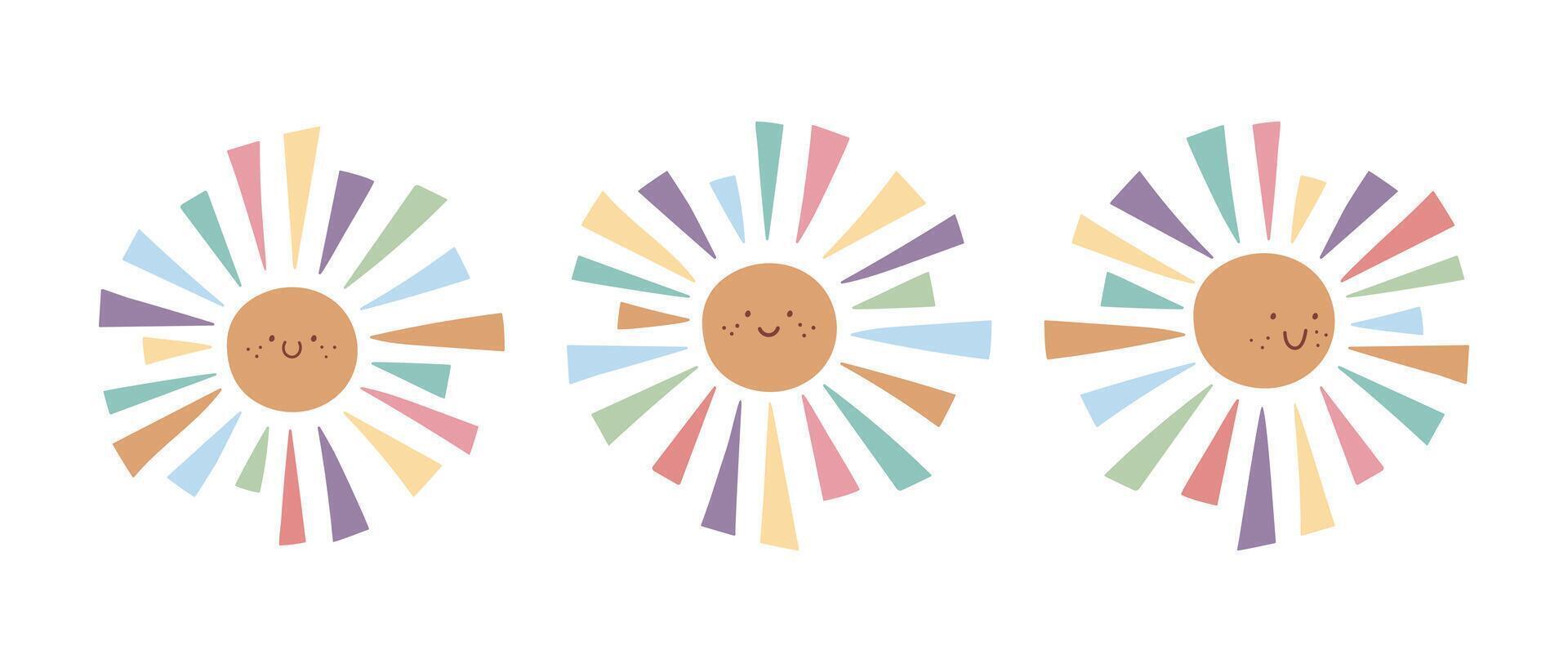 Cute hand drawn smiling suns in rainbow colors. Scandinavian style decoration for nursery or kids room. illustration vector