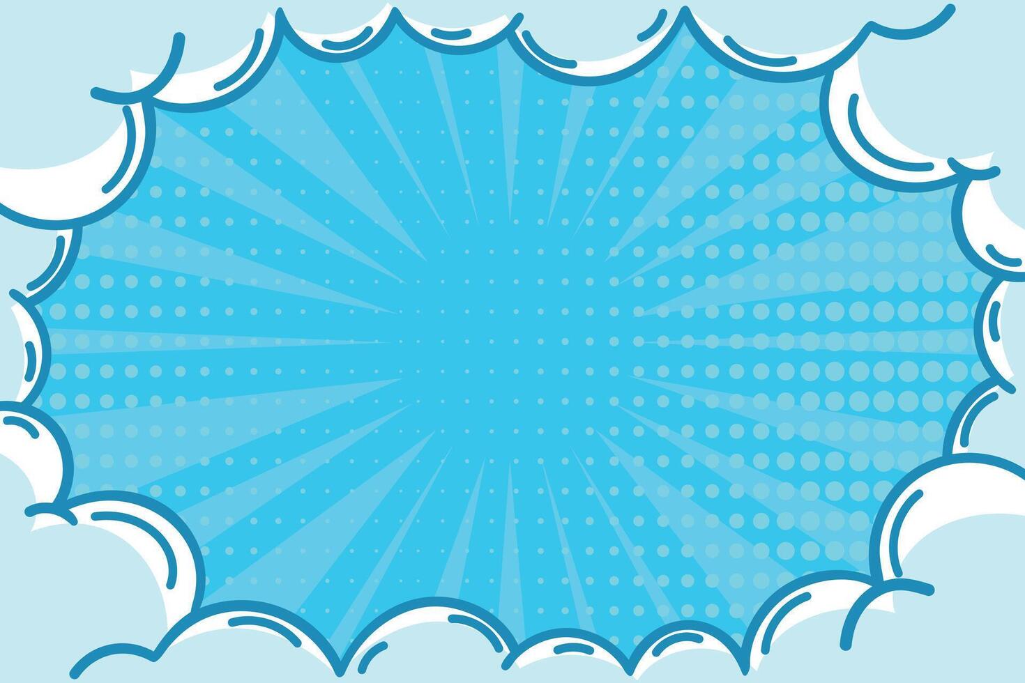 Comic background in retro pop art style. Stripe and dotted sky blue background decorated with clouds. illustration vector