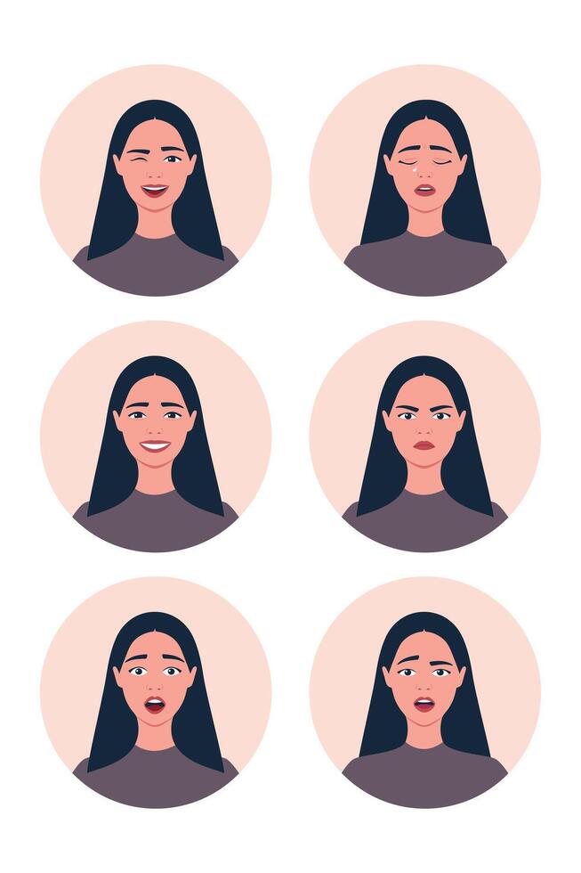 Female with different facial expressions. Young woman is confusing, crying, smiling, scared, angry and laughing. illustration vector