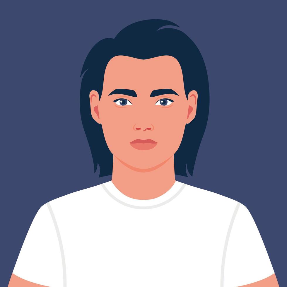 Portrait of a beautiful young man with long dark hair in T shirt. Avatar for social media. illustration vector
