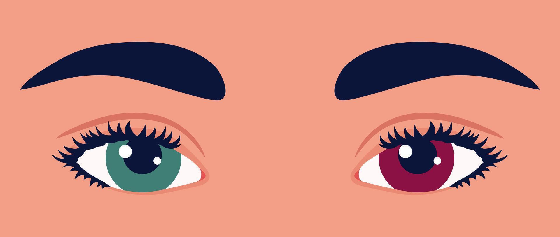 Different colored eyes close up. Heterochromia. Green blue and brown eye colors. Multicolored retina, retina of different colors vector
