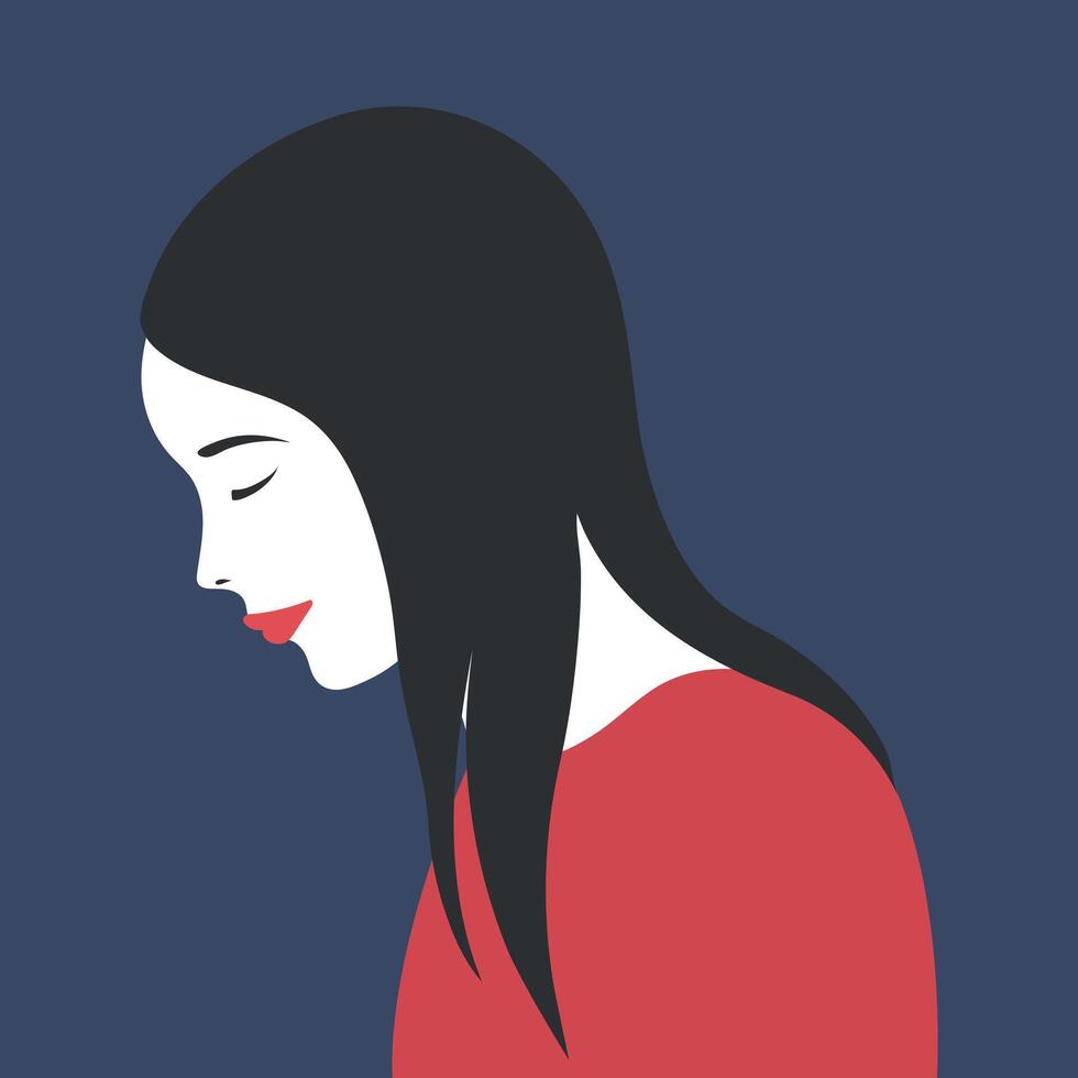Portrait of sad young woman. A sad female stands with his head down. illustration vector