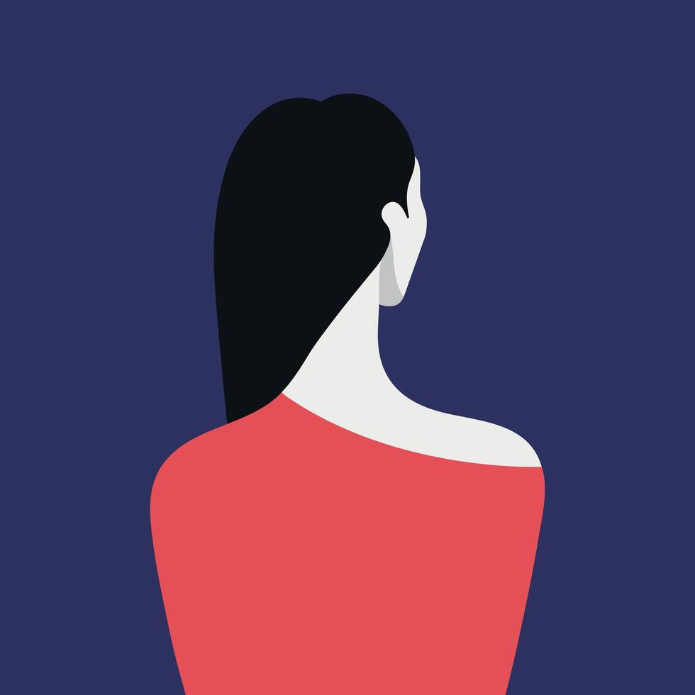 Young brunette female back view. Portrait of a woman sitting with her back to the viewer. illustration vector