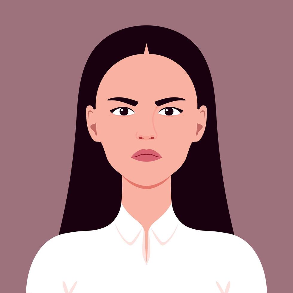 Portrait of an angry young woman. Symbolizes facial expression of an anger, gloomy and wrath. illustration. vector