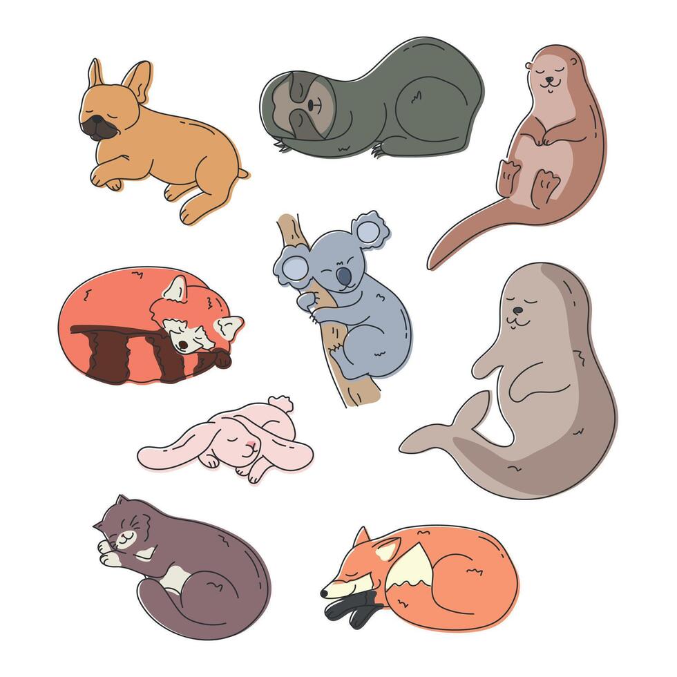 Set of cute hand drawn different sleeping animals. Cartoon sleepy cat, otter, seal, koala, French bulldog, rabbit, fox, red panda and sloth animal. illustration vector