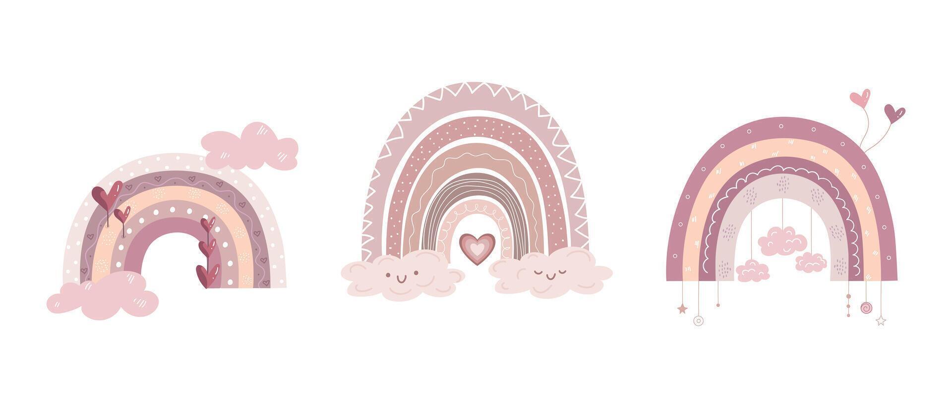 Hand drawn trendy rainbows with decorations. Scandinavian rainbow set. Cute decorations in pastel colors. illustration vector