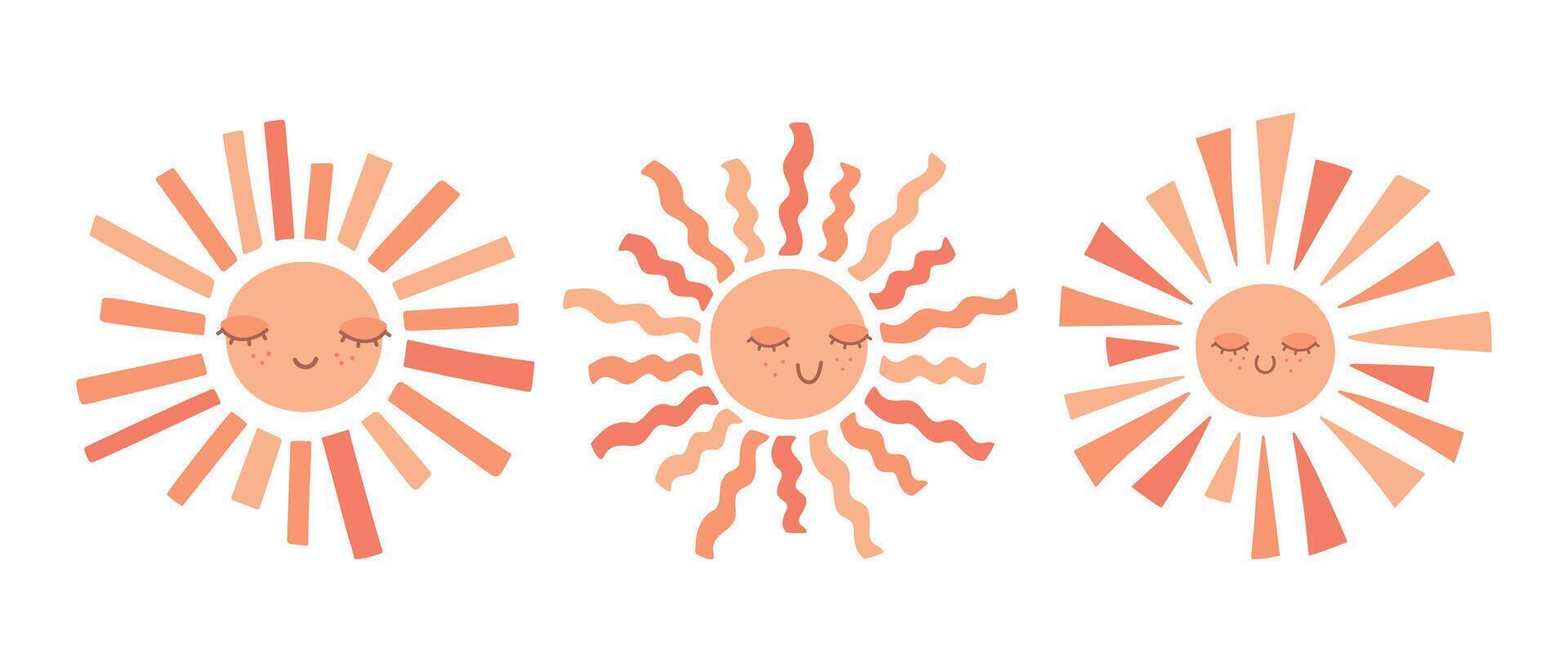 Cute hand drawn smiling suns in different shapes. Scandinavian style decoration for nursery kids room. illustration vector