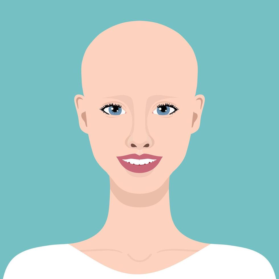 Young smiling woman with alopecia. Beautiful bald girl. Alopecia areata. illustration vector