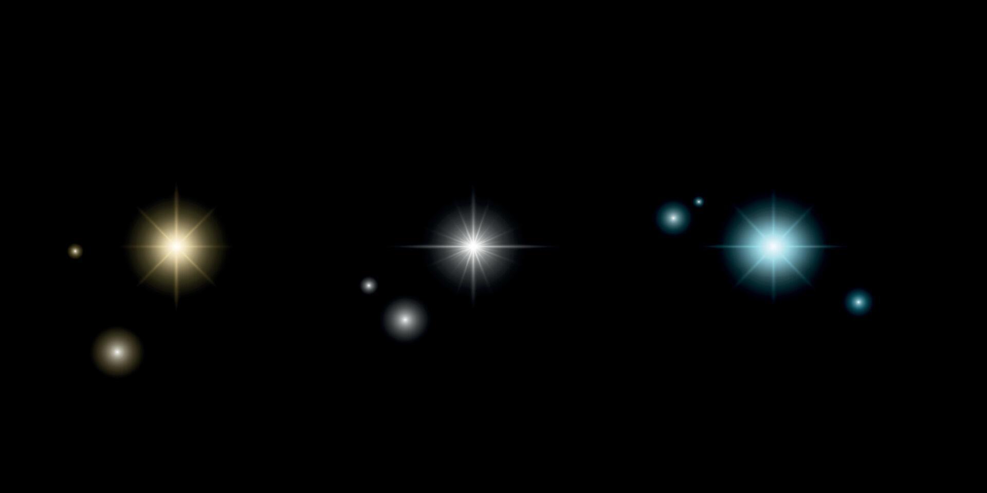 Flashing lights, sparkling stars. Light effects set on black background. illustration vector