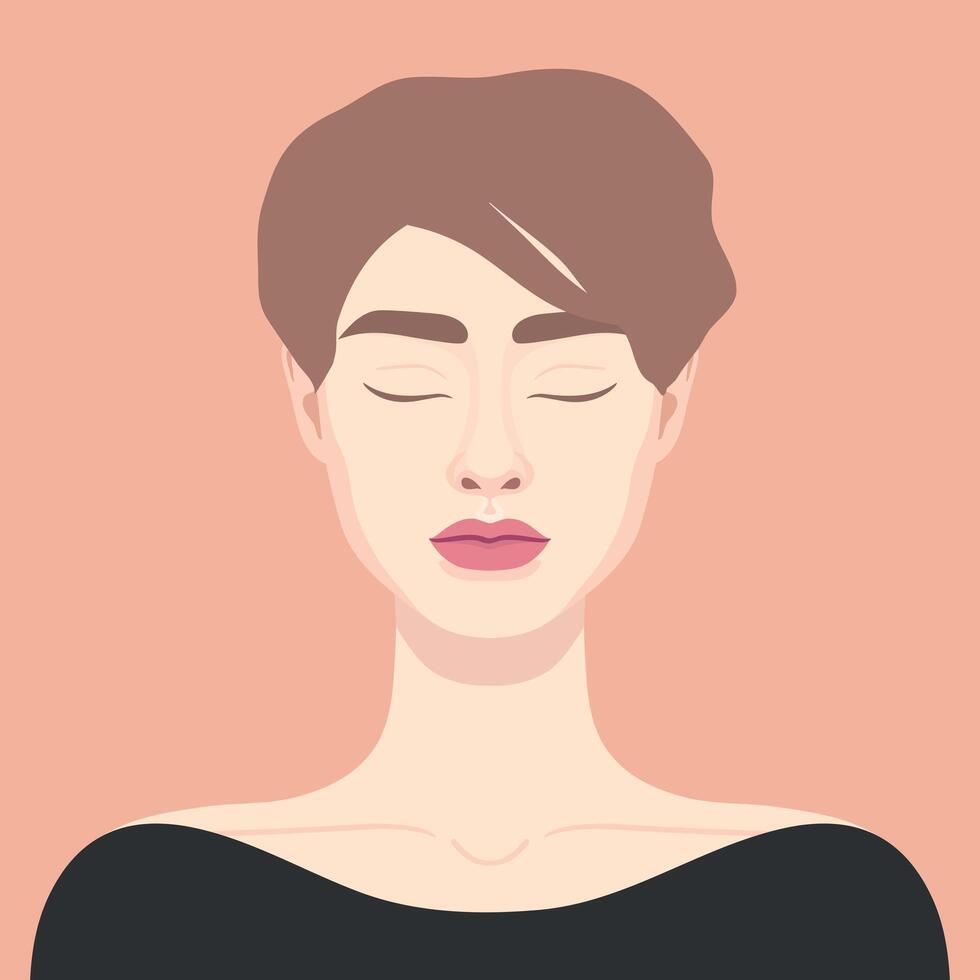 Beautiful woman with short haircut and closed eyes. Portrait of a girl. illustration vector
