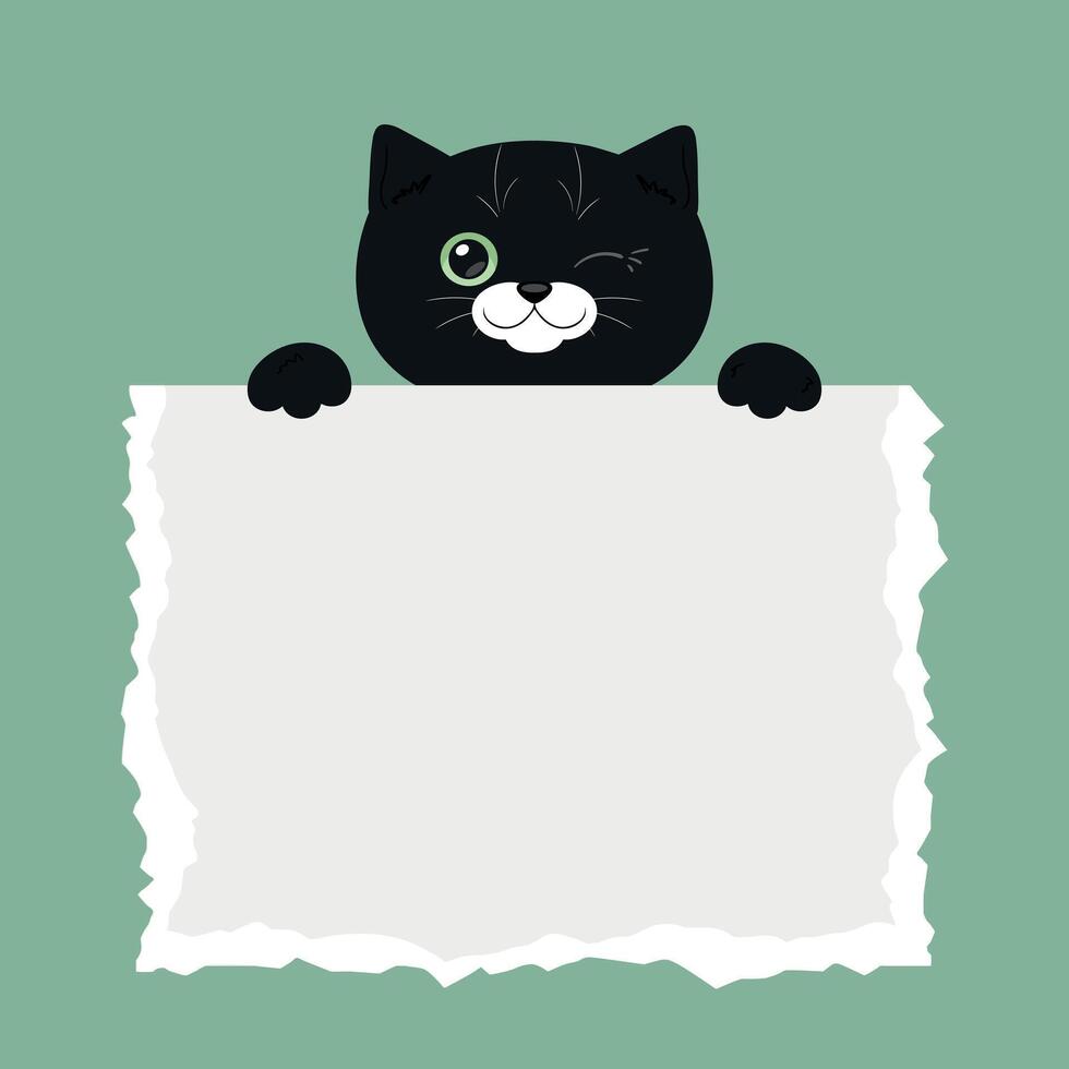 Cartoon black cat holding a torn paper sheet. Cute template for text. illustration vector