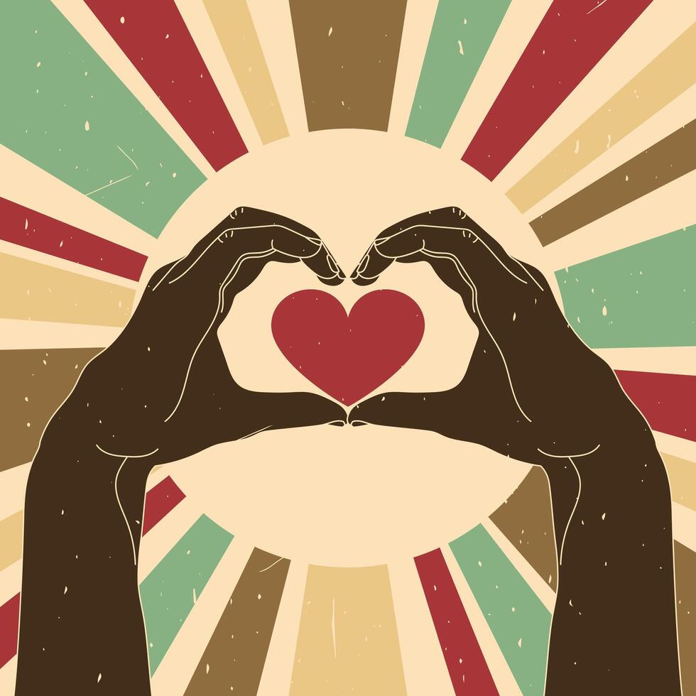 Vintage retro style background with hands making heart gesture. Heart sign. Grunge texture. illustration vector