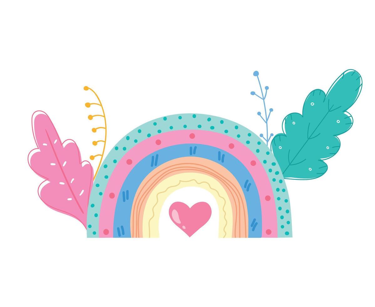 Hand drawn trendy rainbow decorated with plants. Scandinavian rainbow. Cute decoration in bright colors. illustration vector