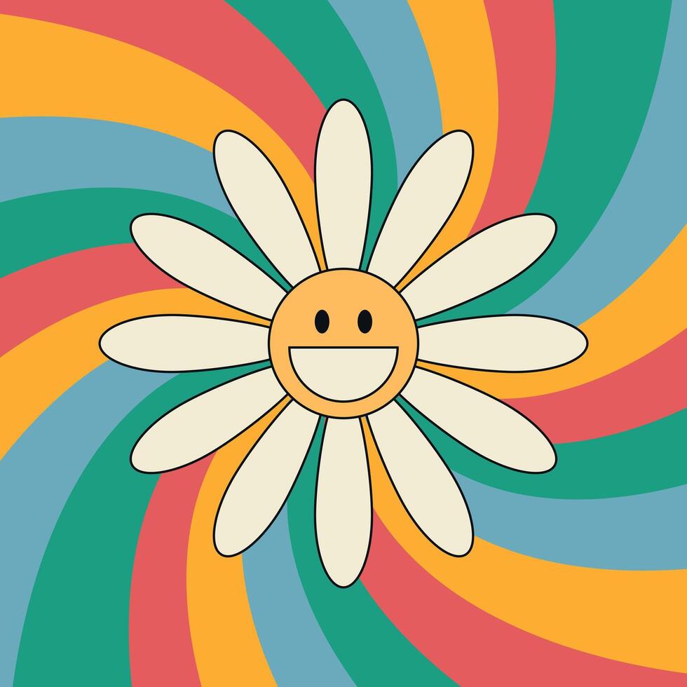 Groovy background with smiling daisy flower. Swirl sunburst rays background. 70 s Hippie retro style. illustration vector