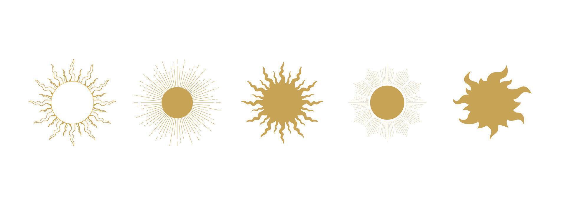 Set of celestial sun symbols. Various shaped suns. Celestial space emblems. Space elements. illustration vector
