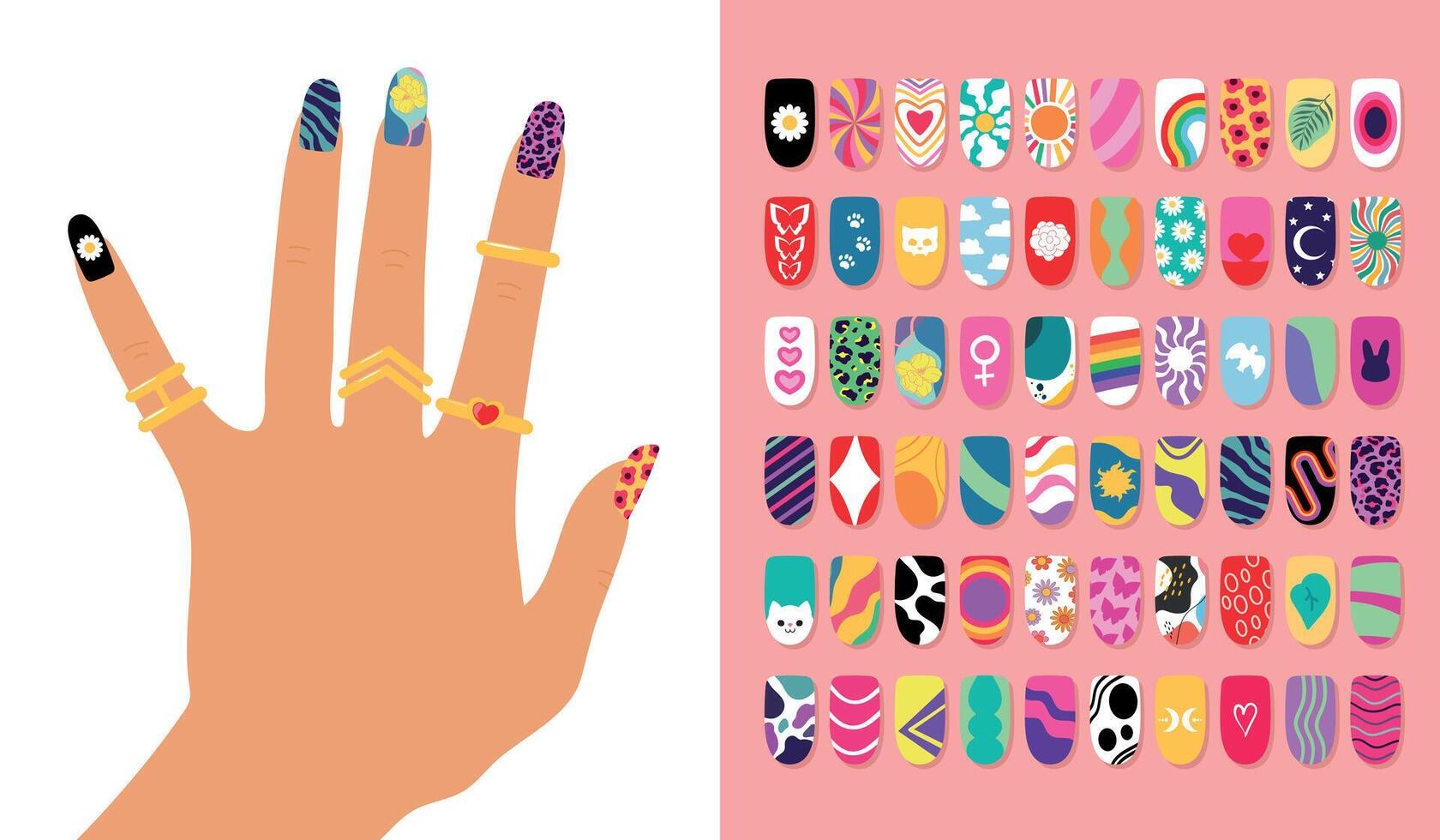 Fancy painted nails. Hand with nail design art set. Bright colorful manicure design. illustration vector