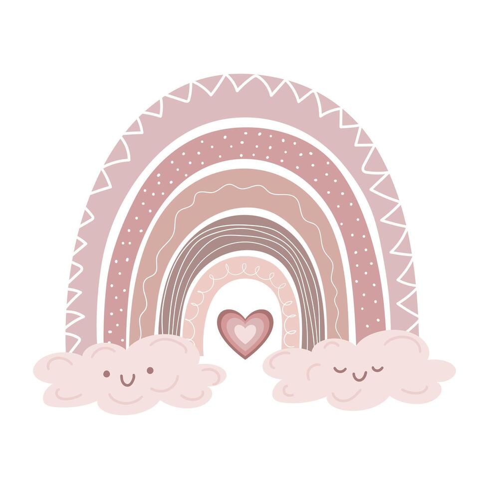 Hand drawn trendy rainbow decorated with cute clouds. Scandinavian rainbow looking like cookies. Cute decoration in pastel colors. illustration vector