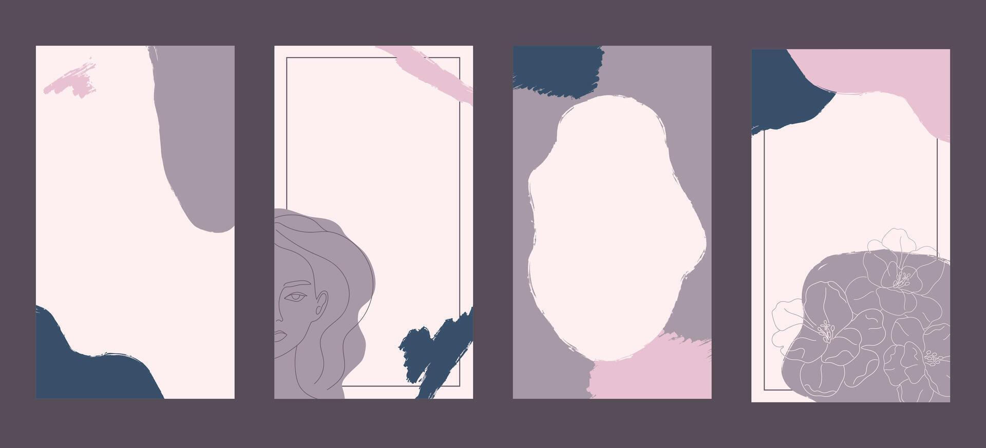 Abstract social media creative templates set. Post and story backgrounds with female face, flowers and different shapes. illustration vector