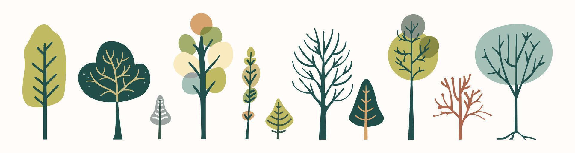 Tree collection hand drawn flat design element. botanical set of bare trees and ones with leaves and lush limited pastel color vector