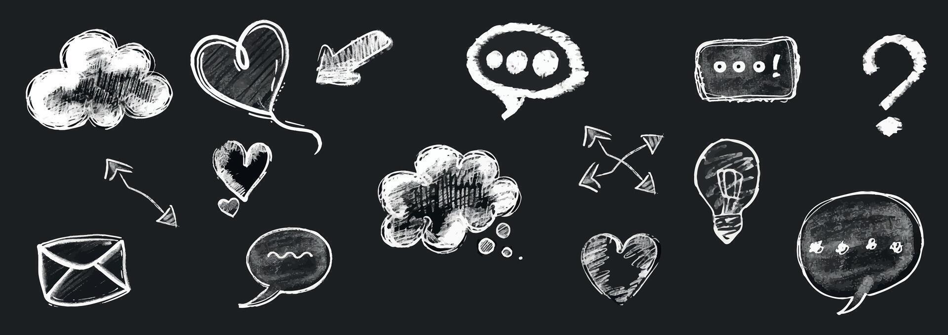 Speech bubble set, texture comic talk balloon doodle kit, hand drawn crayon cloud message. Speak dialog communication frame, hearts, arrow, question. Chalk marker speech bubble drawing box vector
